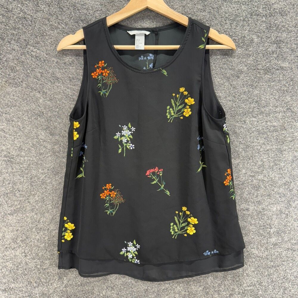H&M Blouse Women 8 Black Floral Sleeveless Wide Strap Lined Hook & Eye Casual
